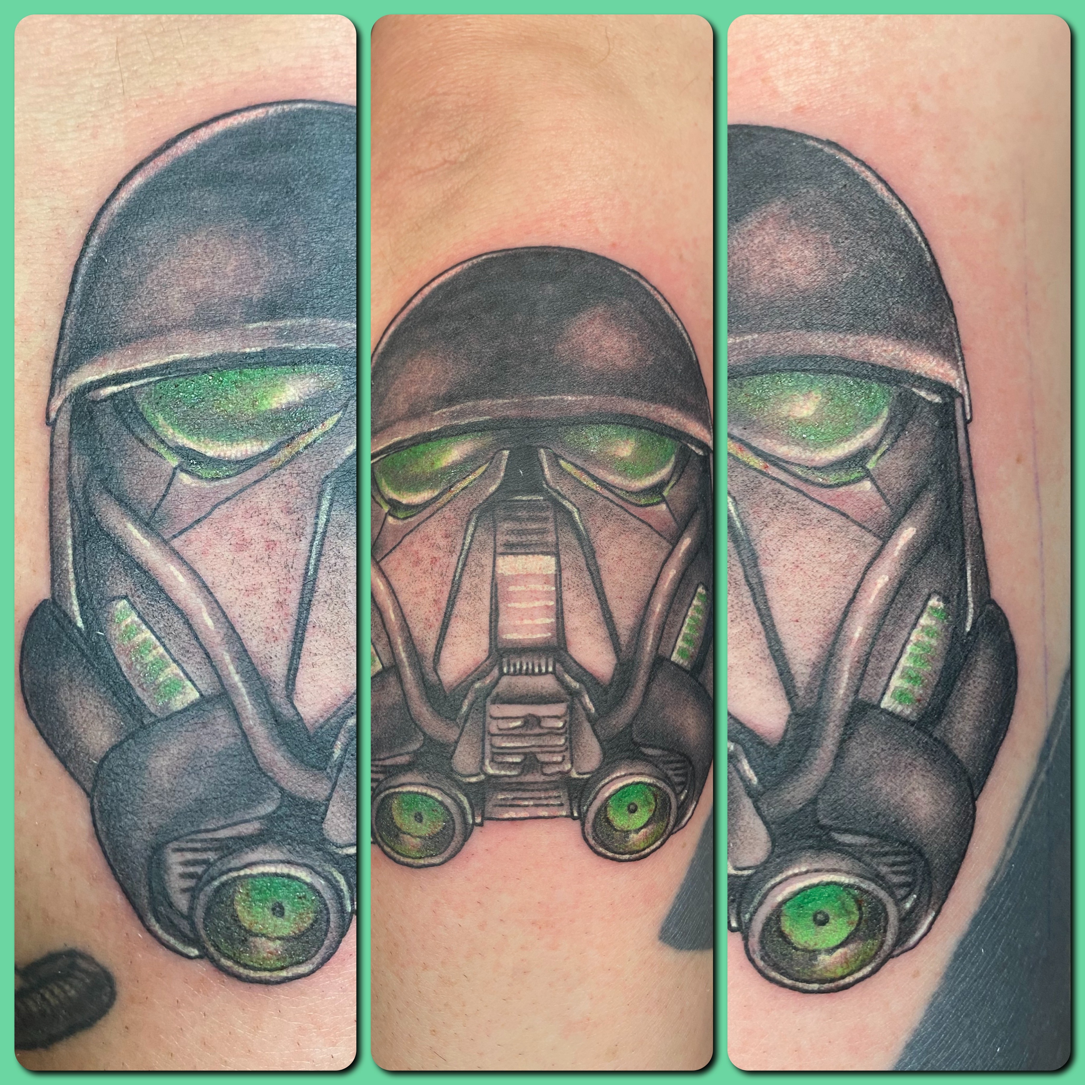 Star Wars tattoo fine line shading with deep saturation bright green storm  trooper death star trek rogue one deathstar 