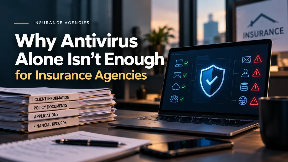 Insurance agency workstation with a cybersecurity alert on a computer screen