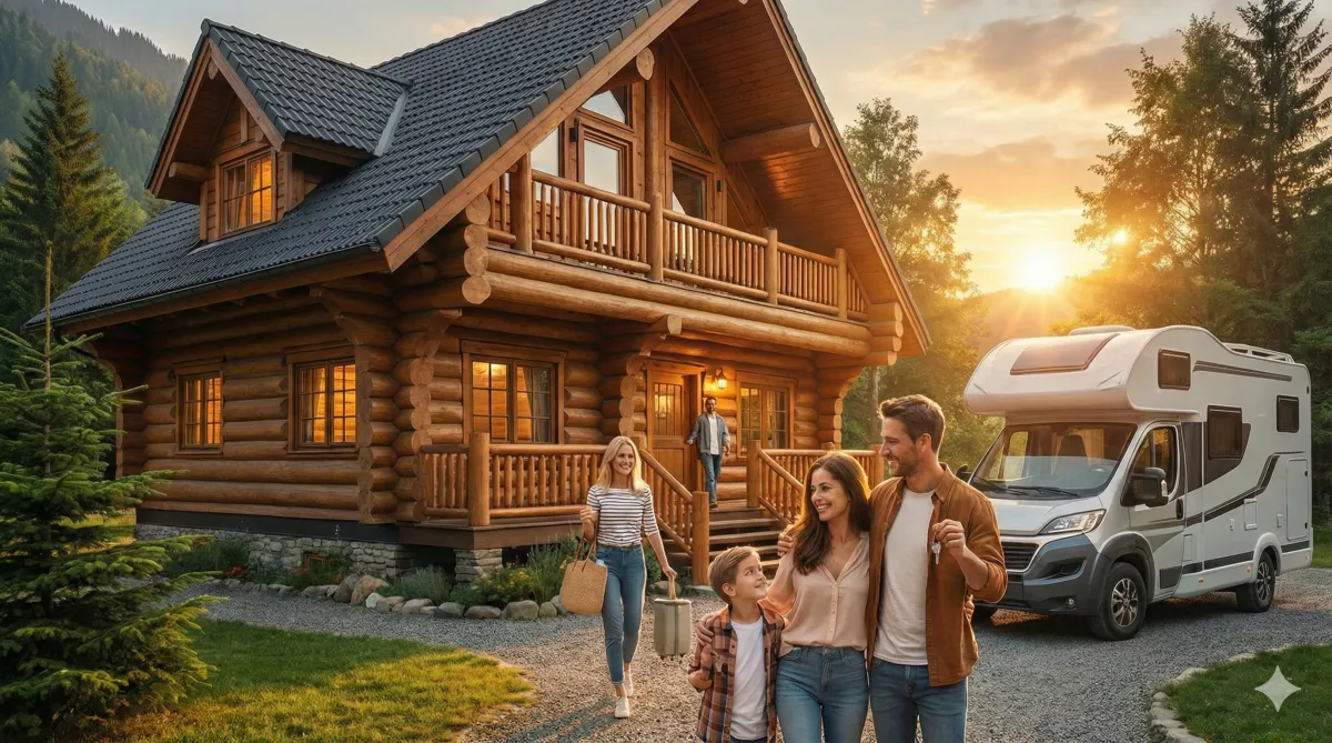 Image of family at a log cabin retreat with a motorhome