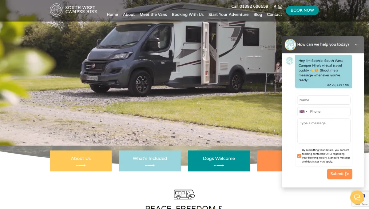 South West Camper Hire website homepage screenshot