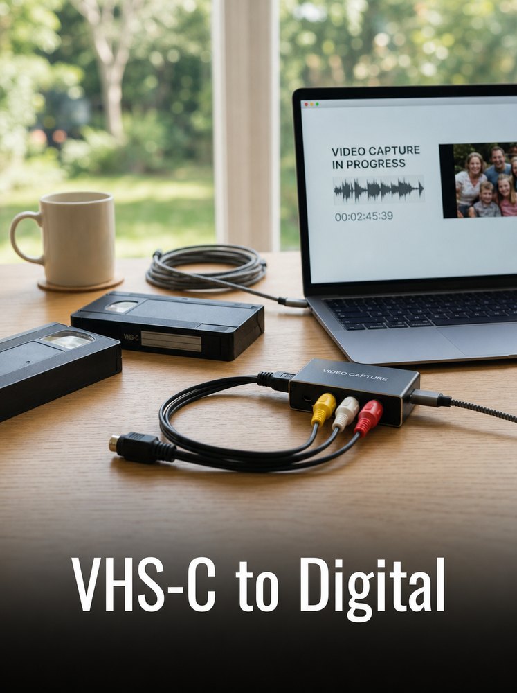 VHS-C to digital transfer setup with capture device and laptop on a wooden desk