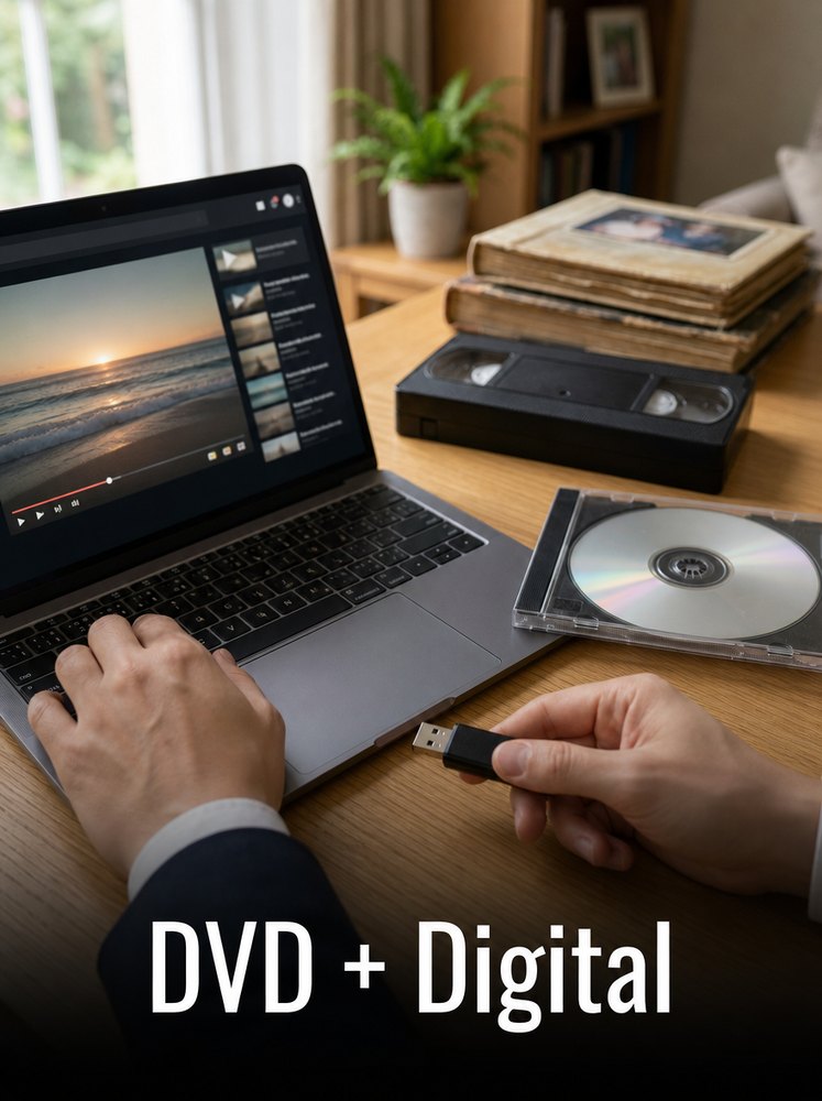 DVD plus digital transfer image with VHS tape, USB drive and DVD case on wooden table