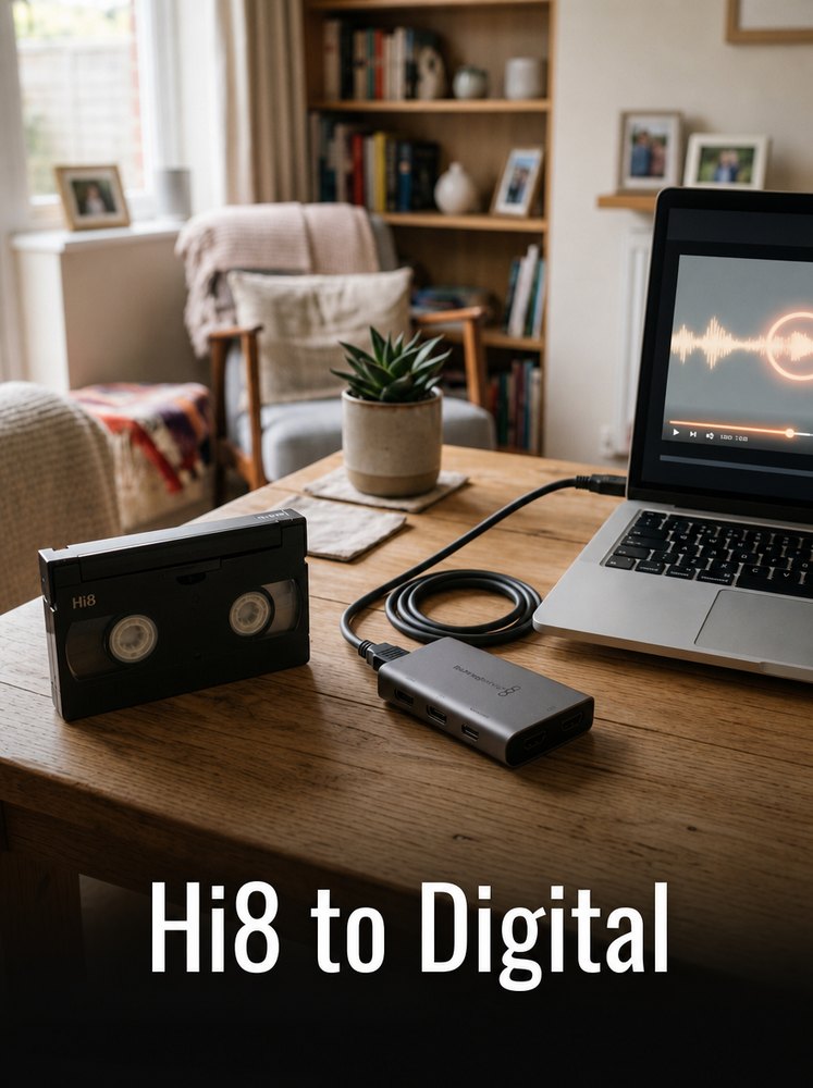 Hi8 to digital conversion image with tape, capture adapter and laptop in a cosy room