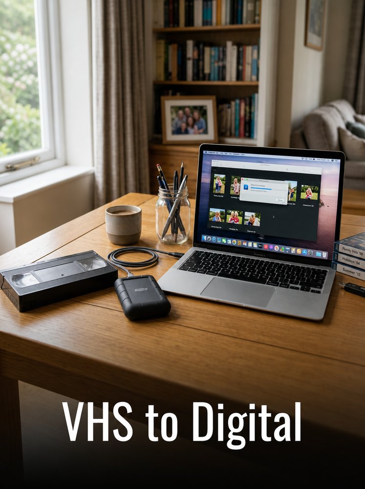 VHS to digital conversion setup with VHS tape, laptop and storage drive in a bright UK home
