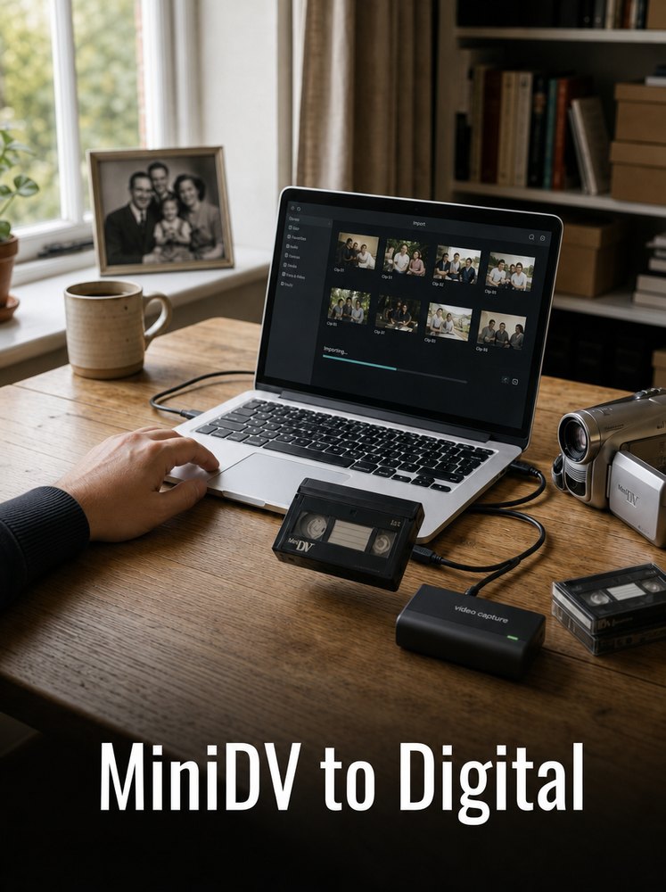 MiniDV to digital conversion setup with laptop, external drive and camcorder equipment