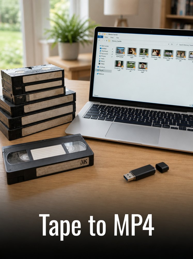 Tape to MP4 service image with VHS tapes, USB drive and laptop showing digital files