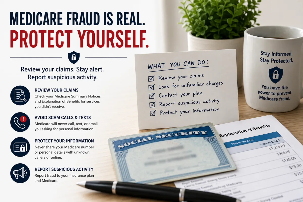 Medicare fraud prevention graphic explaining how to review claims, avoid scam phone calls and text messages, protect personal information, and report suspicious Medicare activity.