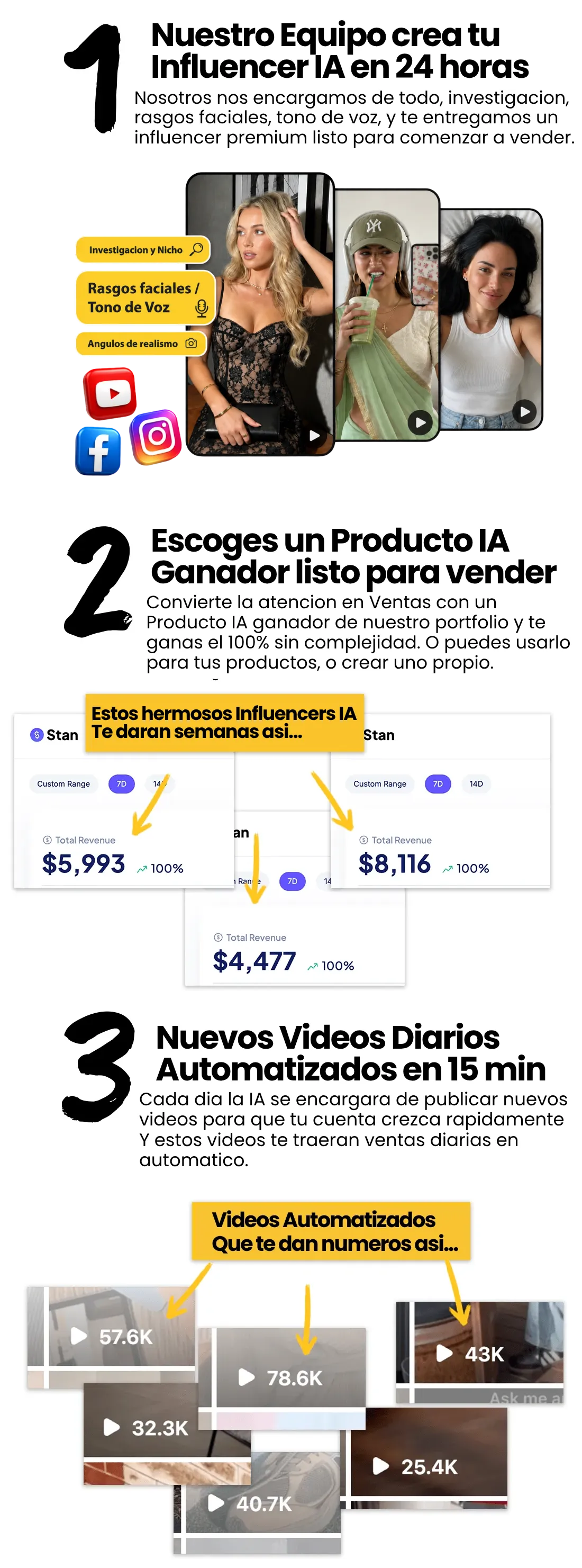 1. Problema y Oferta Viral + Crear un PDF con IA Vamos a encontrar un problema viral en redes y crearemos una Oferta Única para ese problema. + Crearemos un PDF con la solución perfecta. Esos simples PDF's te darán SEMANAS así... 2. Página de Ventas hecha con Plantillas + IA Con nuestra Plantillas de COPIAR y PEGAR y con la ayuda de la Inteligencia Artificial crearás tu Hermosa Página de Ventas Automatizada en pocas horas. 3. Atrae Ventas con Videos Virales de 5 Seg Sin Cara Crea o usa Cuentas Virales y Publica Videos de 5 Segundos Automatizados Sin Mostrar Cara. Son videos Simples, que llevan a tu Página. Atrae Gente Interesada y Vende todos los días. Videos Automatizados que te dan números así...