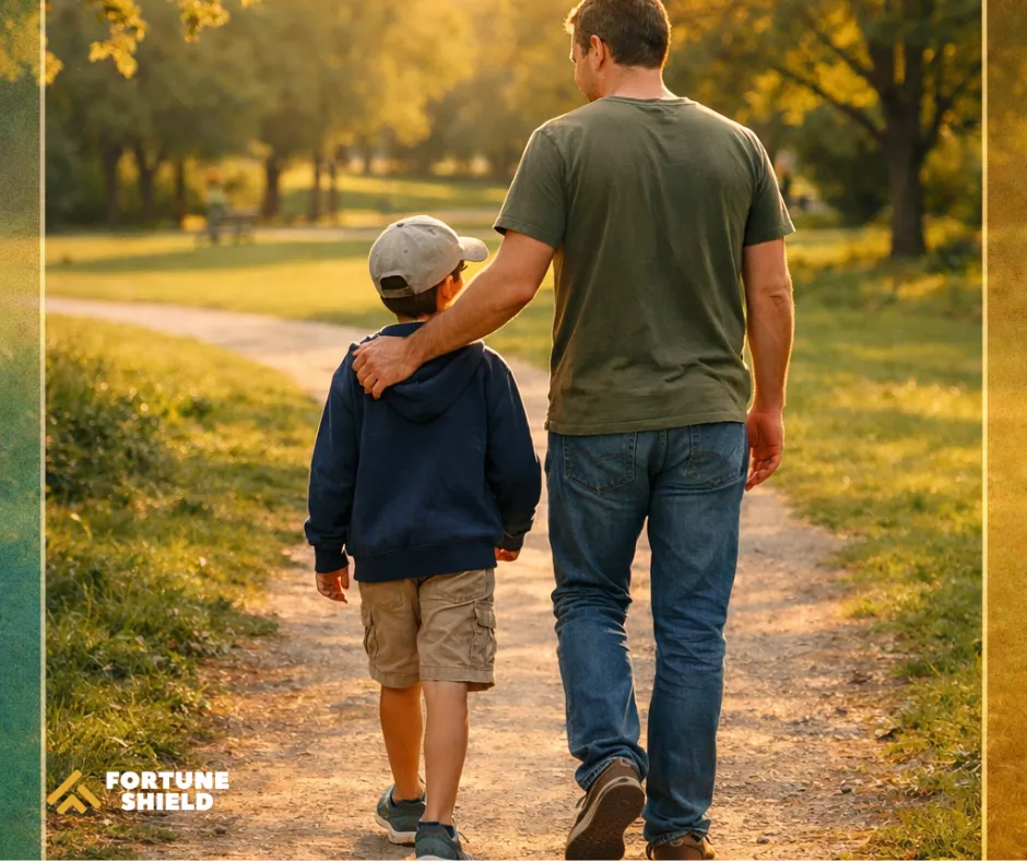 A father and child walking together on a path through a park — seen from behind, warm afternoon light. Hopeful, grounded, calm. Fortune Shield brand colors as a subtle overlay or border. 