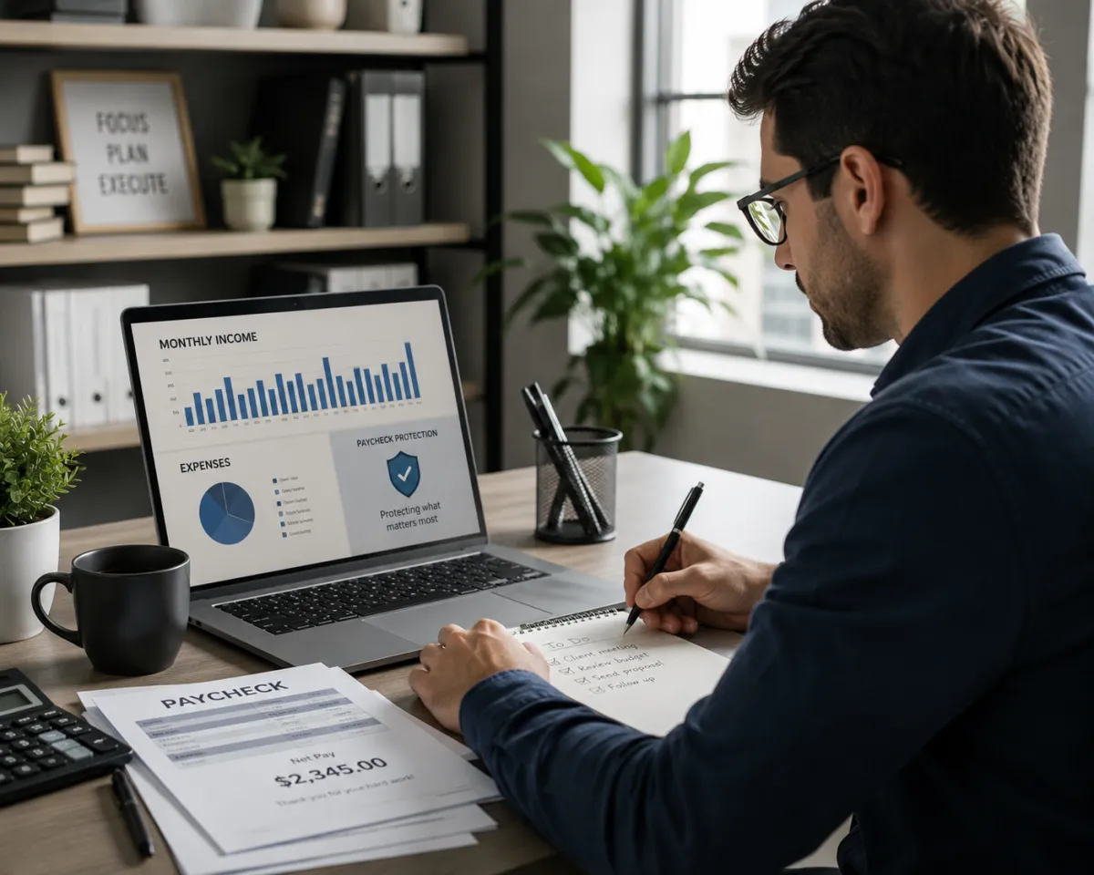 A working person at a desk, representing income and paycheck protection