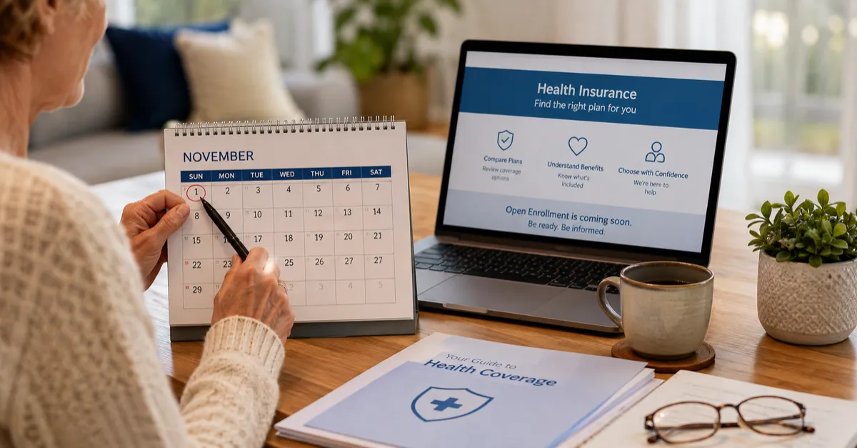 A person marking a calendar while reviewing health insurance options at home
