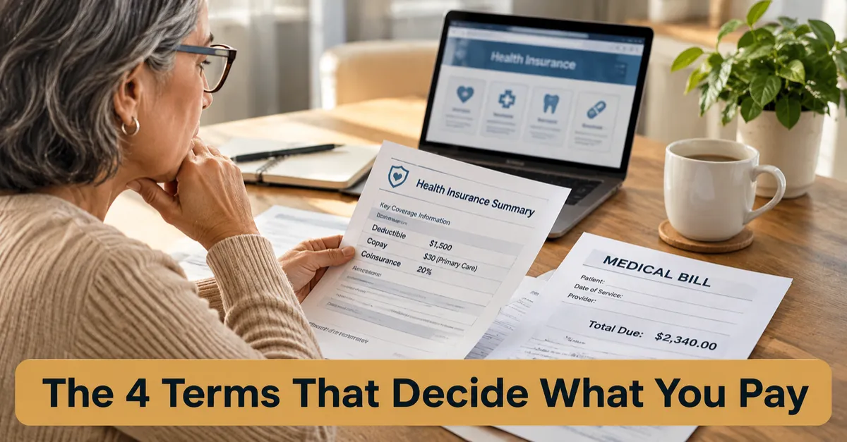 A person reviewing a health insurance summary and medical bill at home