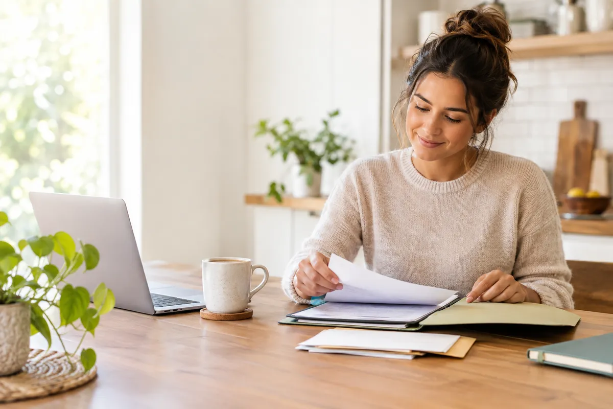 A person calmly organizing financial documents at a kitchen table