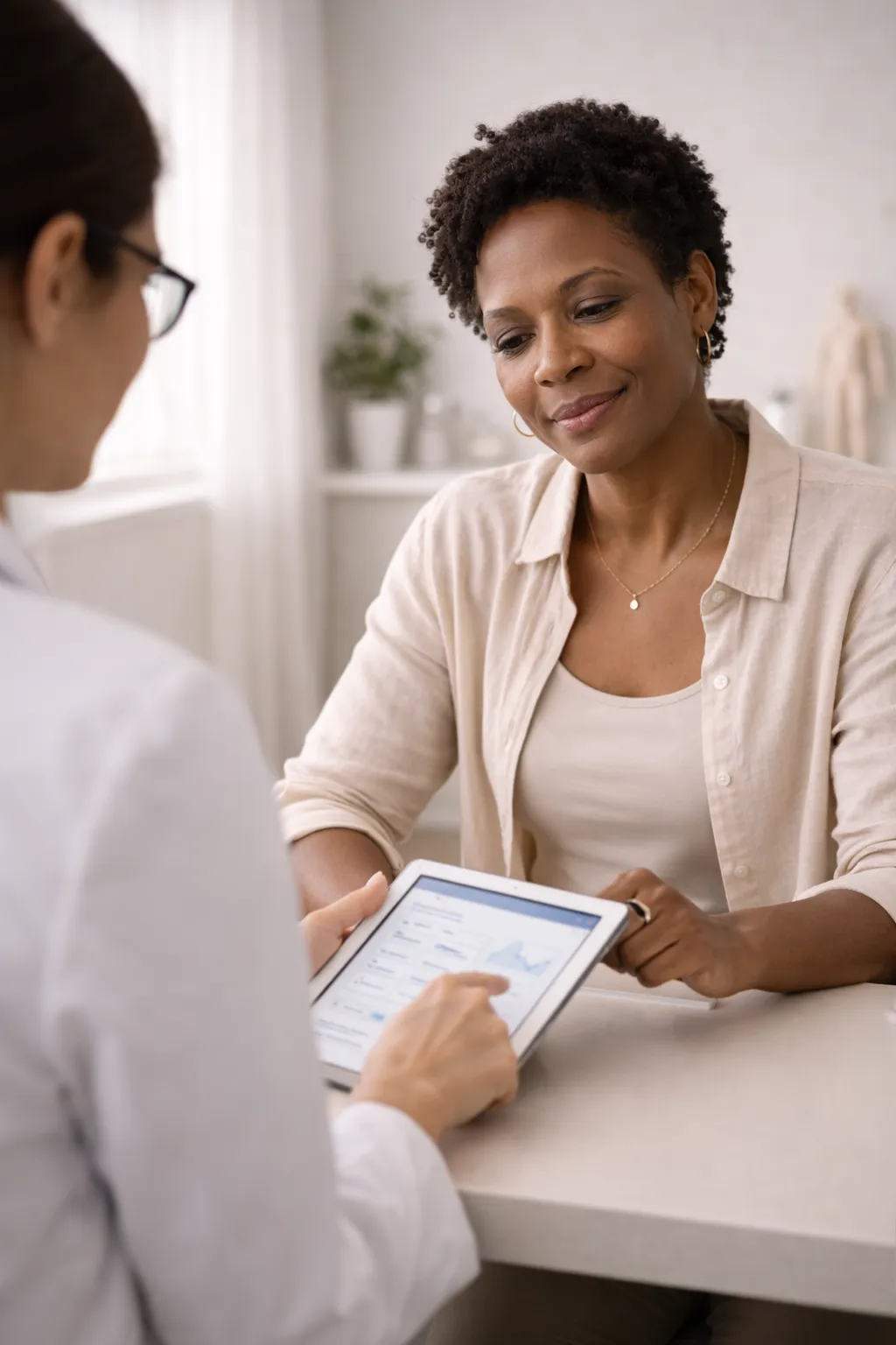 Portrait of a confident middle‑aged clinician in a white lab coat.
