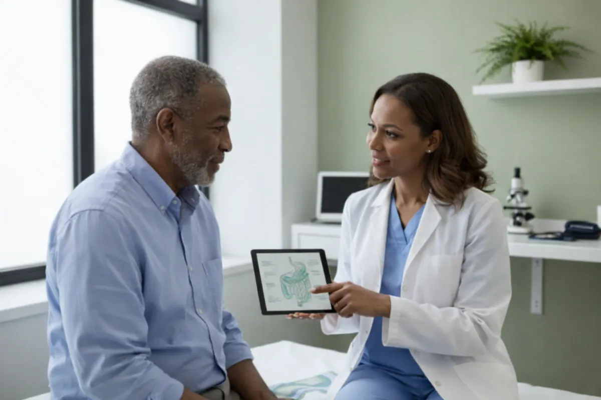 Physician consulting a patient about digestive health in a modern clinic.