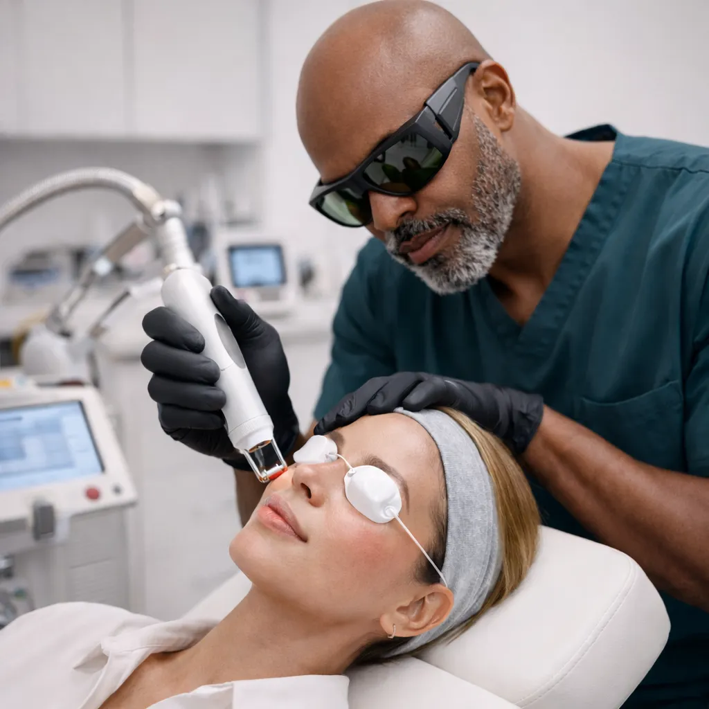 African American medical provider performing a non-ablative laser facial treatment on a female patient in a clinical treatment room, with protective eyewear and visible in-progress care.