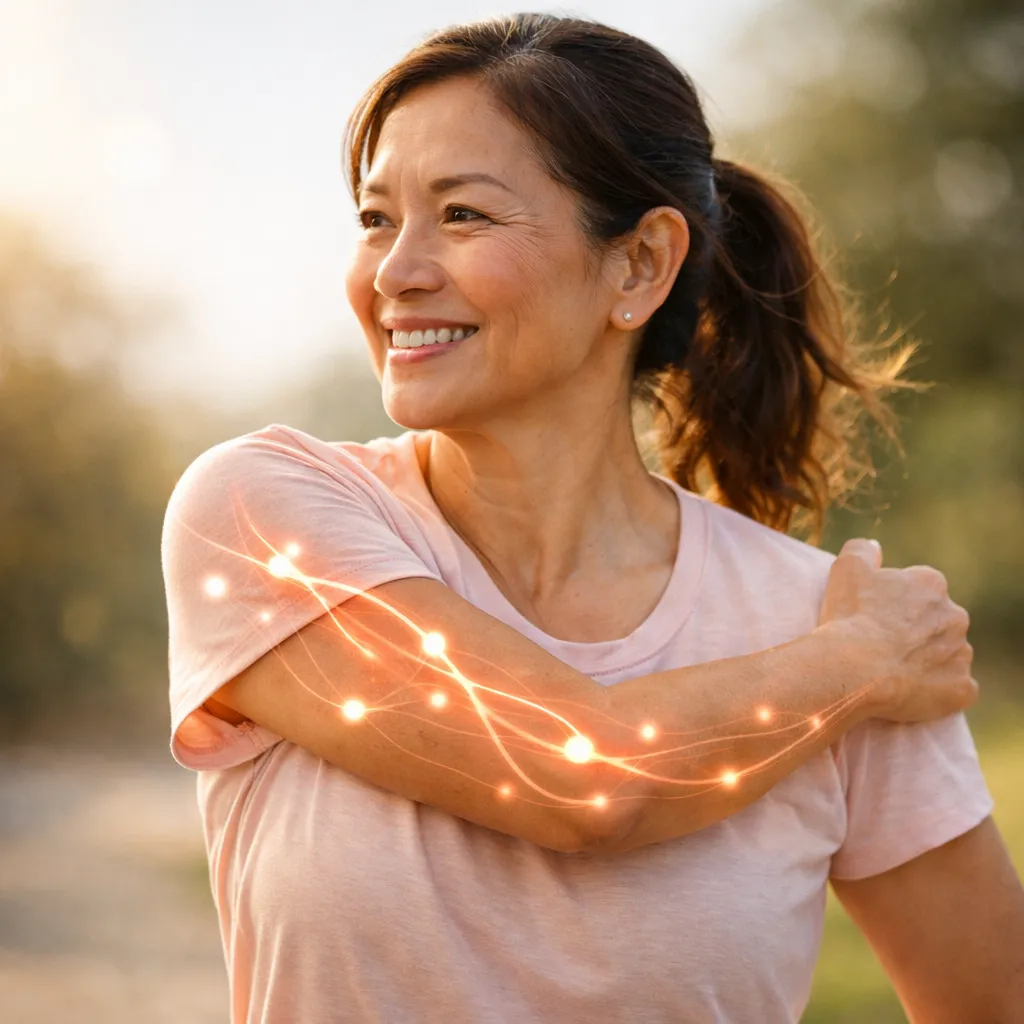 Smiling woman touching her shoulder with a glowing digital overlay representing Cardiovascular & Cellular Energy.