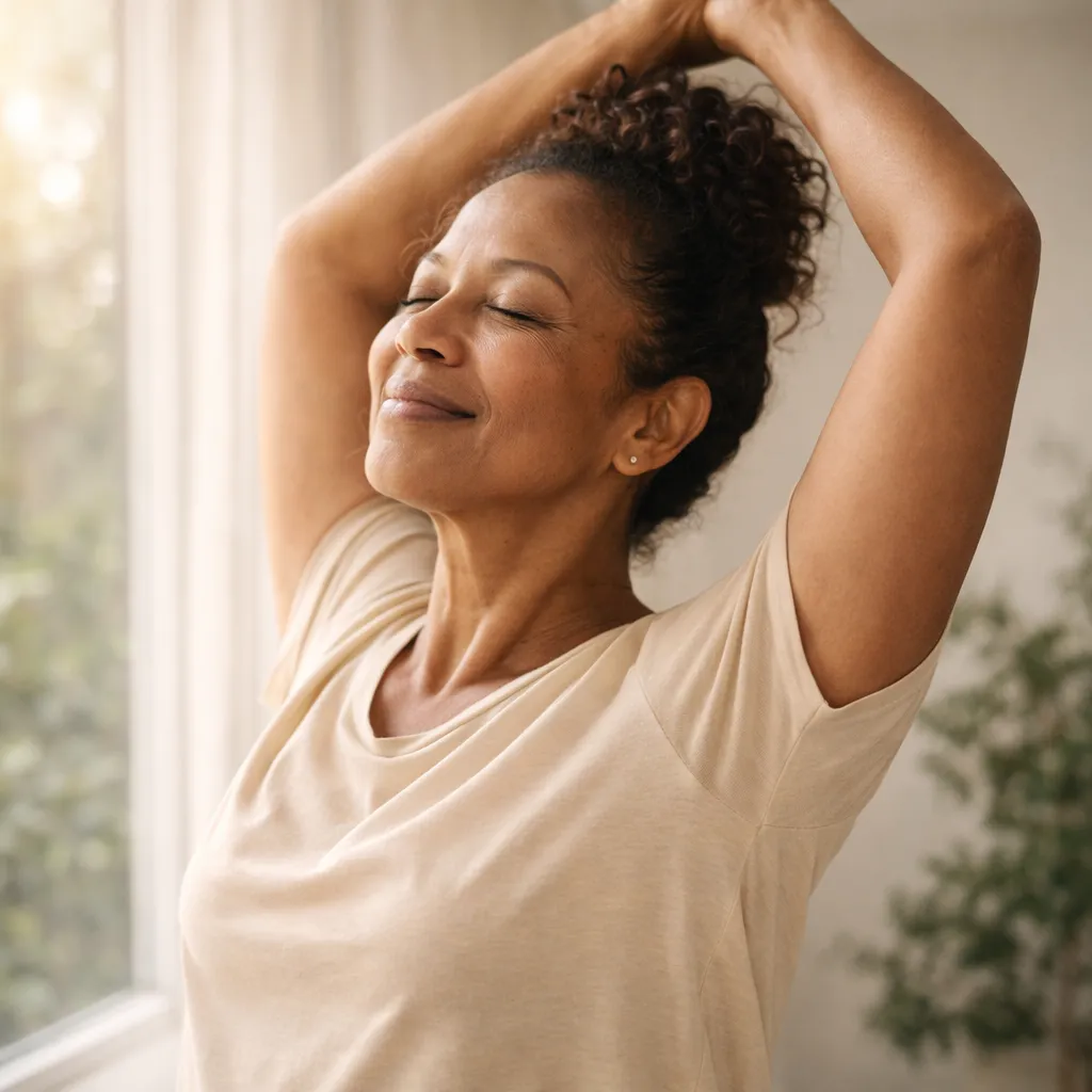 Woman stretching outdoors in sunlight for General Wellness & Daily Nutrition.