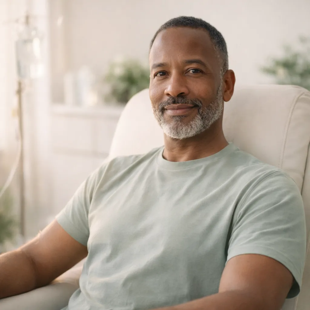 Mature man sitting comfortably in a bright room representing Digestive & Gastrointestinal Health.