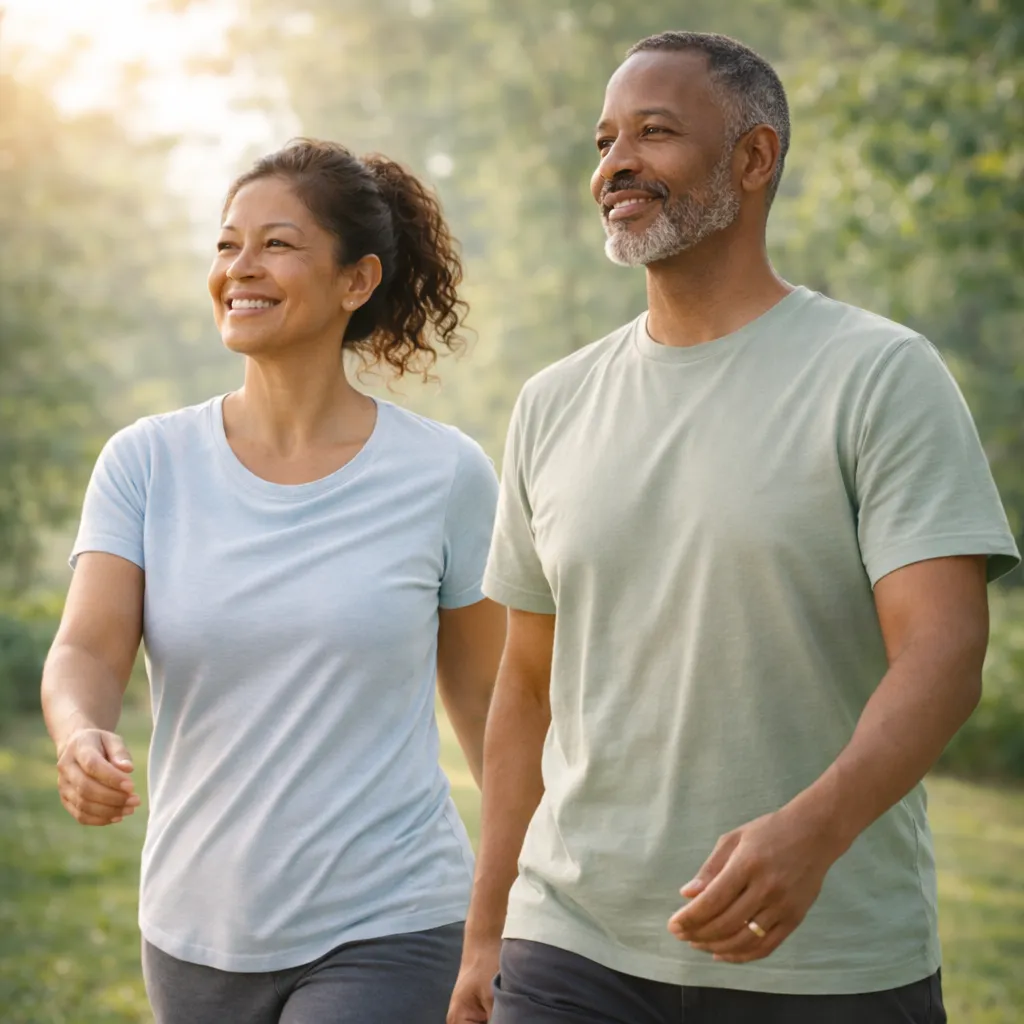 Active couple walking together outdoors for Bone, Joint & Musculoskeletal Support.