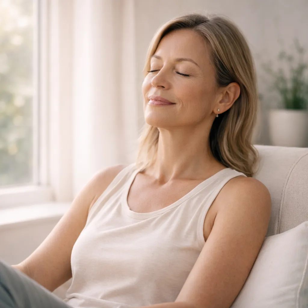 Woman resting with eyes closed in a peaceful indoor setting for Stress, Mood & Hormone Support.