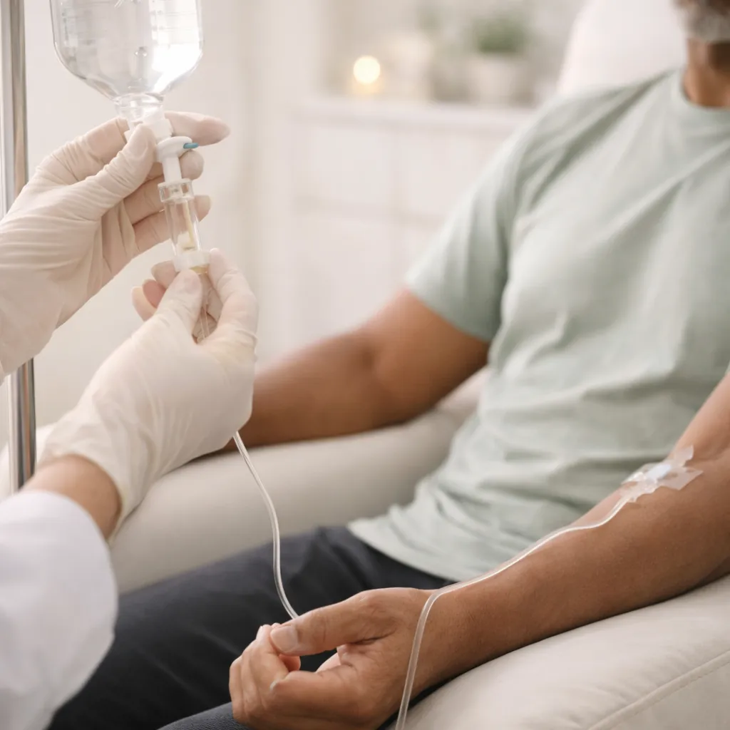 Close-up of a healthcare professional administering an IV drip for IV Therapy.