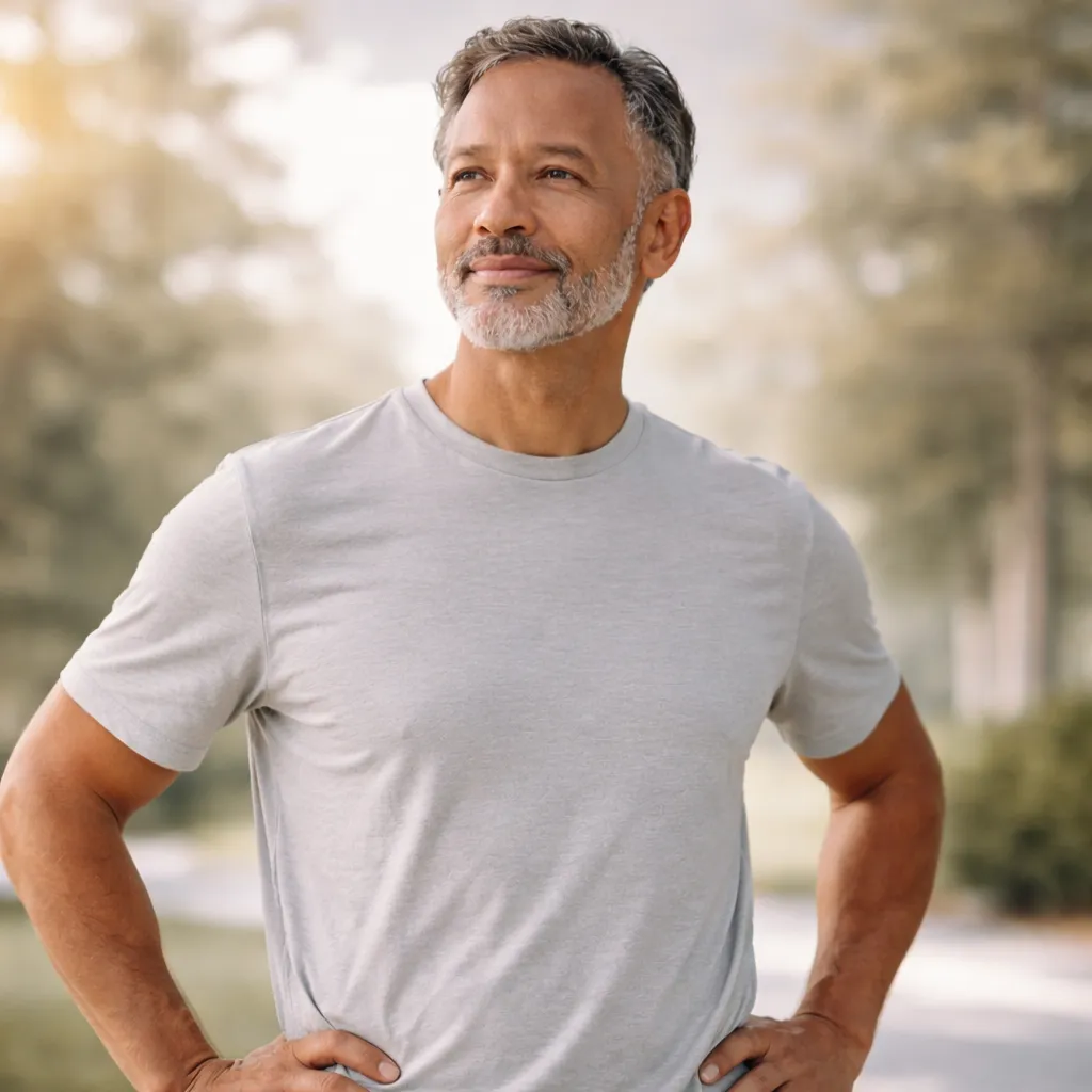 Active mature man standing outside representing Peptides and longevity.