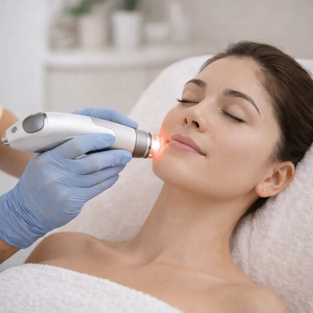Woman receiving gentle medical-grade laser facial treatment at Oasis Medical Clinic & Spa in McKinney, TX
