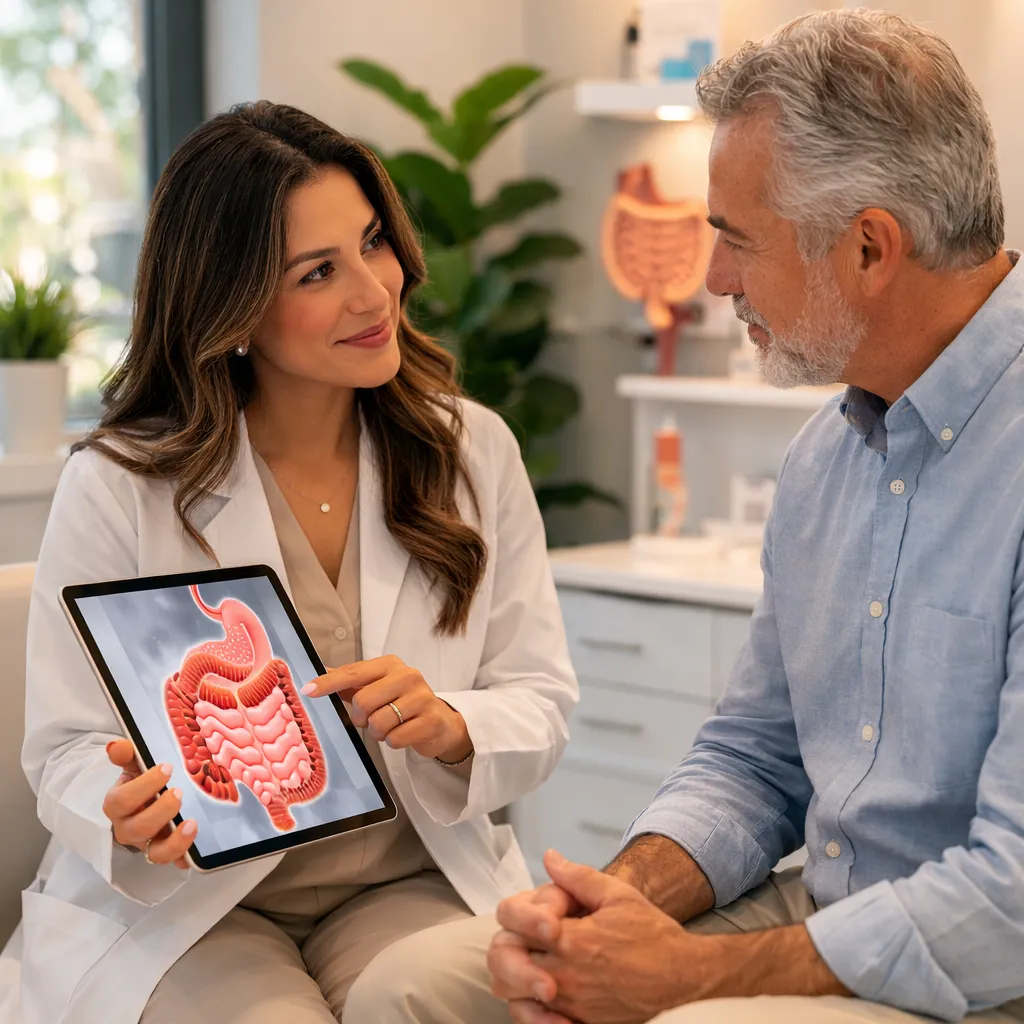 Physician consulting a patient about digestive health in a modern clinic.