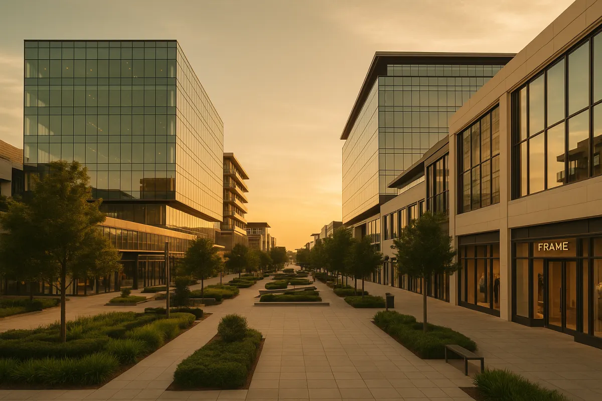 Legacy West in Plano Texas at golden hour representing the community served by Oasis Medical Clinic and Spa in McKinney
