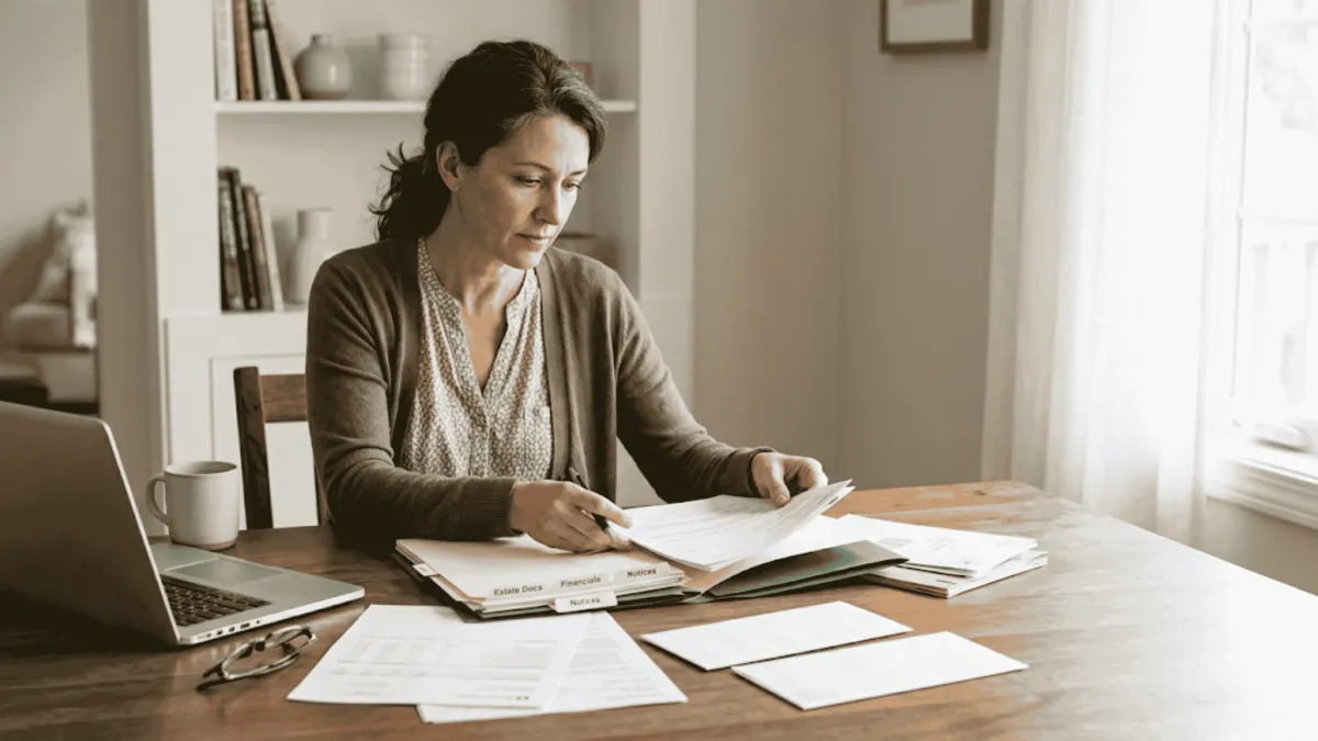 Woman reviewing estate and financial documents at home after a death