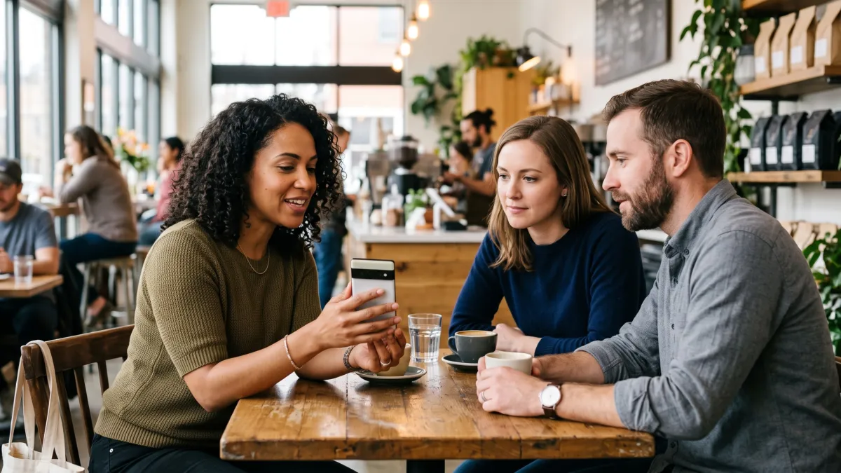 Legacy Promises ambassador showing estate planning resources to a couple in a café