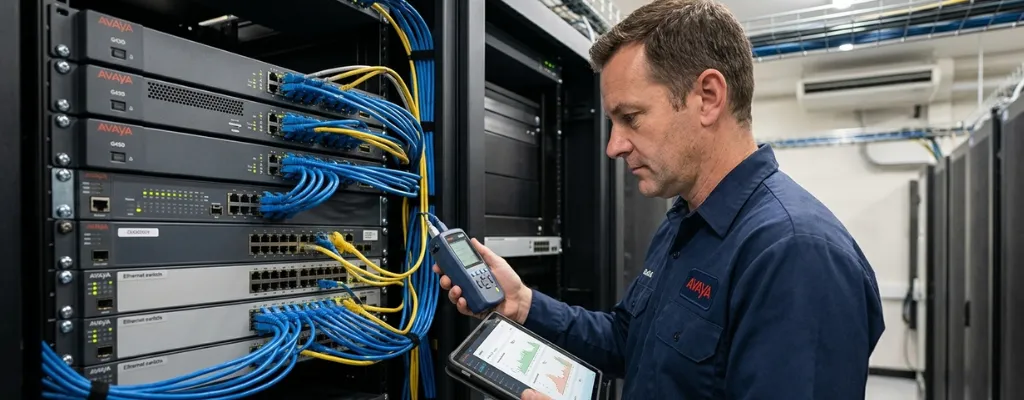 Avaya technician repairing a business phone system