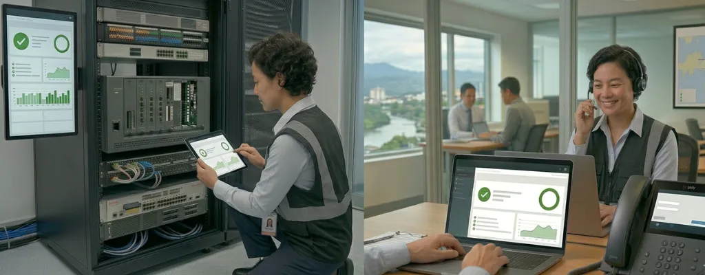 IT technician installing Avaya phone system for a new office setup