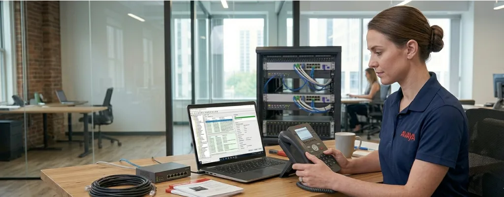 IT technician fixing Avaya phone registration and feature problems