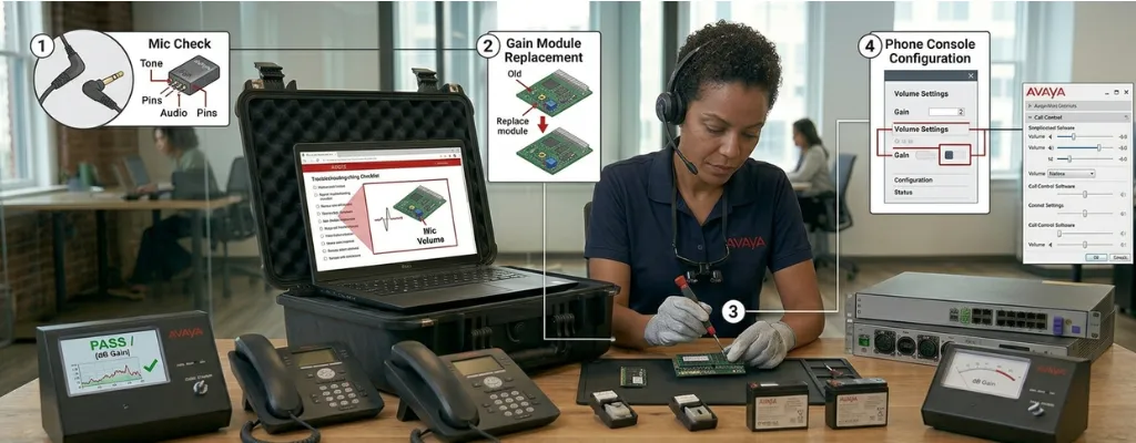 IT technician fixing low volume issues on Avaya phone system