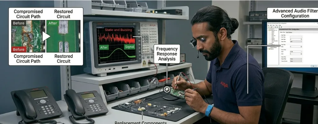 IT support diagnosing headset static and sound quality problems