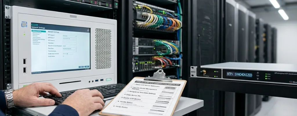 Technician setting up NTP server for time synchronization in office network