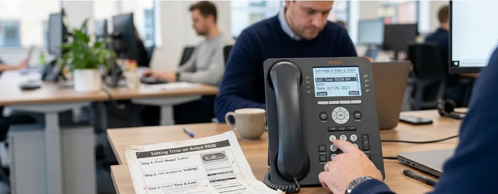 IT technician configuring correct time settings on office device