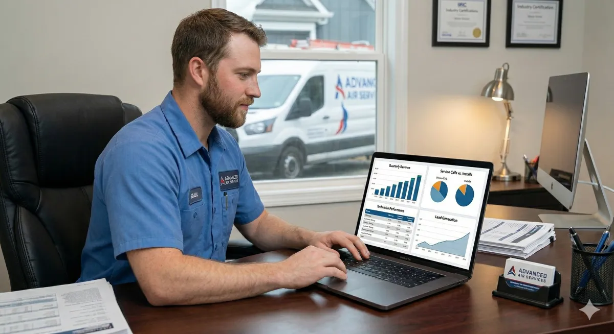 HVAC team standing in front of branded service vans