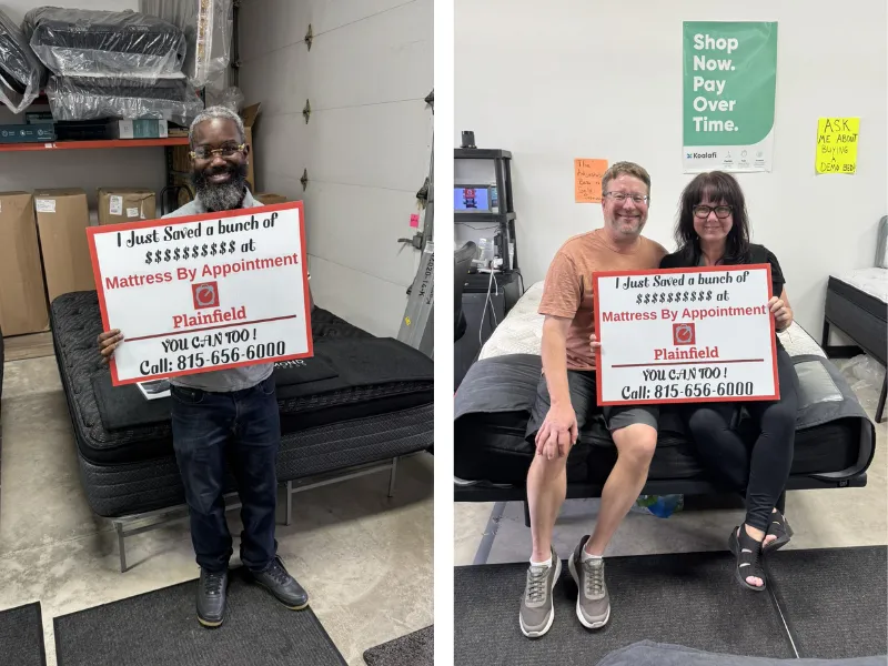 customers holding a sign that says 'I just saved a bunch of money at mattress by appointment henderson'