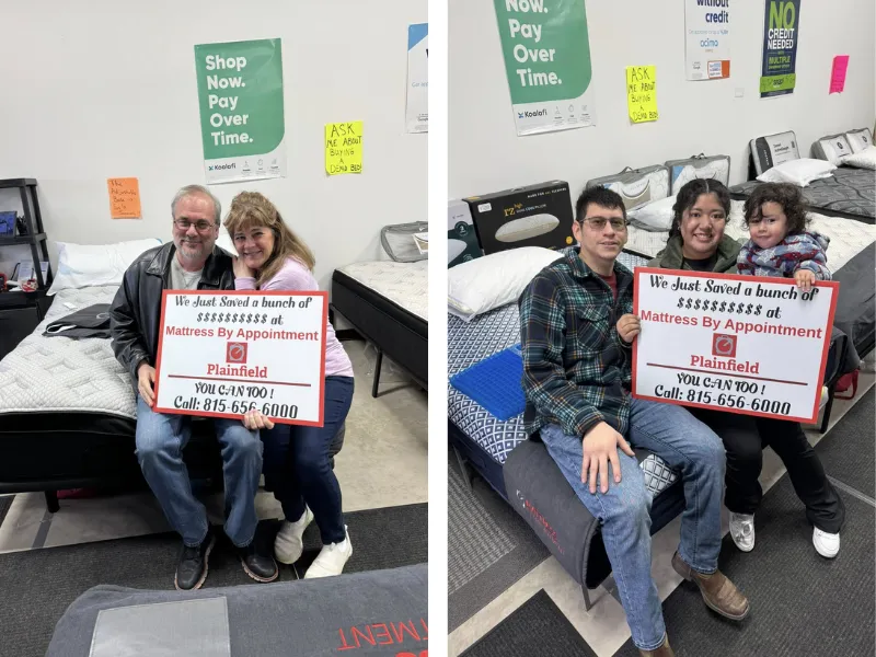 customers holding a sign that says 'I just saved a bunch of money at mattress by appointment henderson'