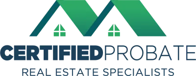 Certified Probate Real Estate Specialists logo featuring green roof shapes and text emphasizing expertise in probate real estate services.