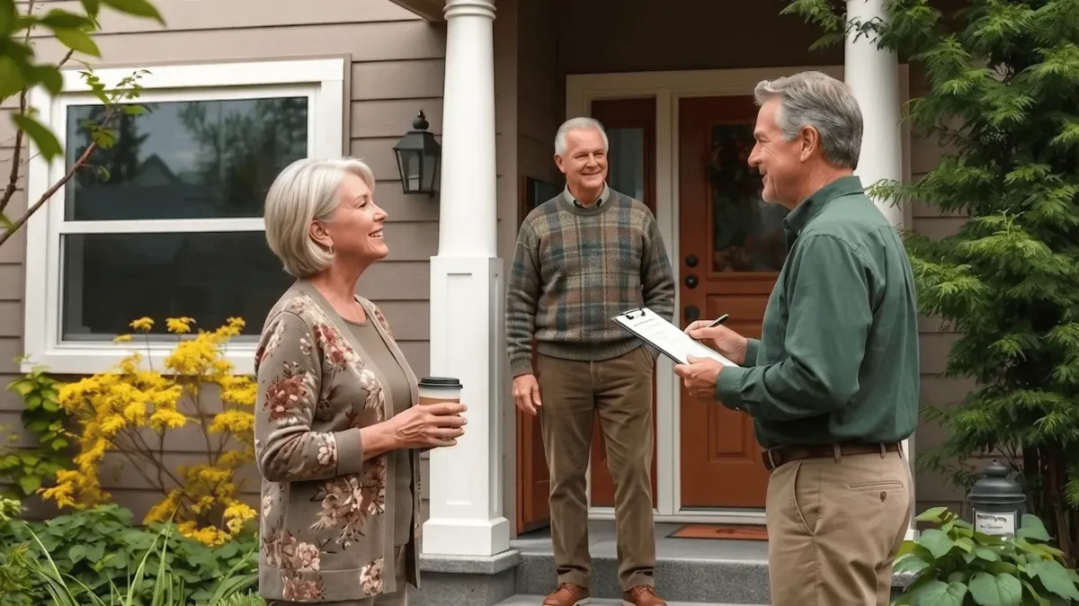 Sir Paints A Lot - Professional residential painting estimator discussing an exterior project quote with a homeowner couple in Eugene, Oregon.