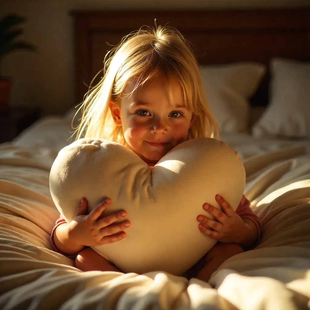 young girl hugging a soft heart-shaped pillow, symbolizing comfort and connection