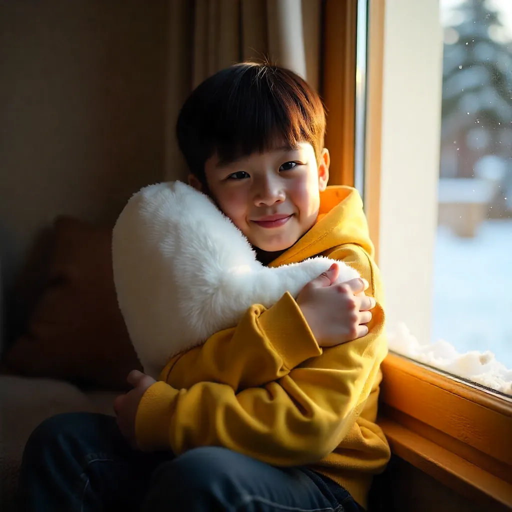 young boy holding a heart-shaped pillow, representing warmth and emotional support