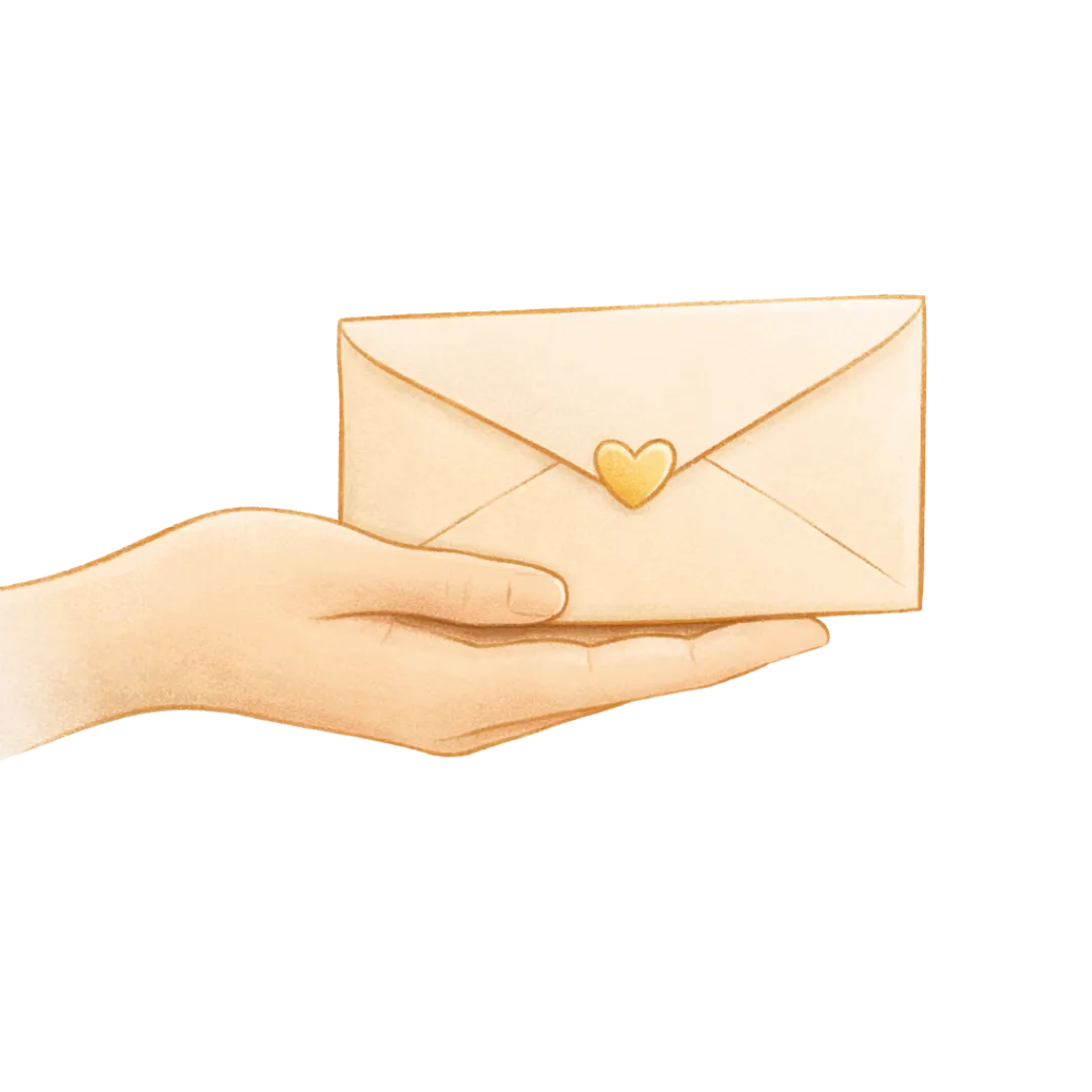 Hand offering a gift envelope with a heart seal, representing the Happy Heart Song gift experience