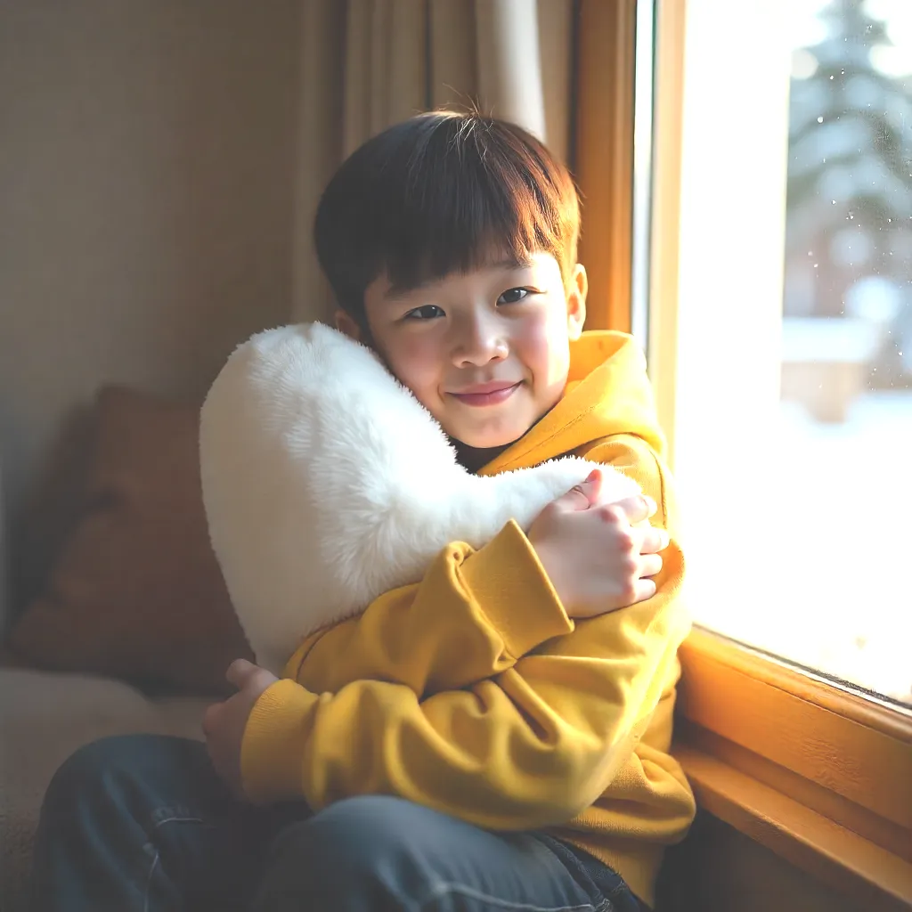 young boy hugging a heart-shaped pillow, representing warmth and emotional support