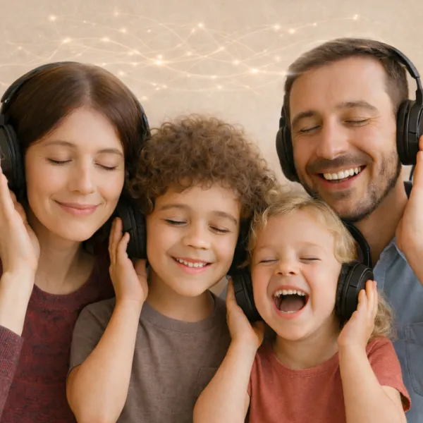 family listening to music with their brain showing it's activated