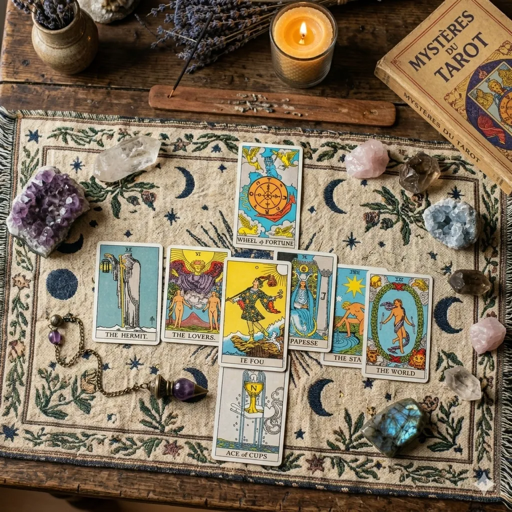 cartes de tarot, pendule et cristaux, divination, tarologue